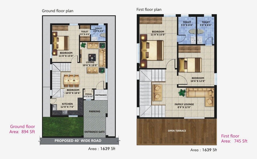 Floor plan of 3 BHK 1639 Sq. Ft. Villa in Sree Anantha Lakshmi Greens, Vijayawada