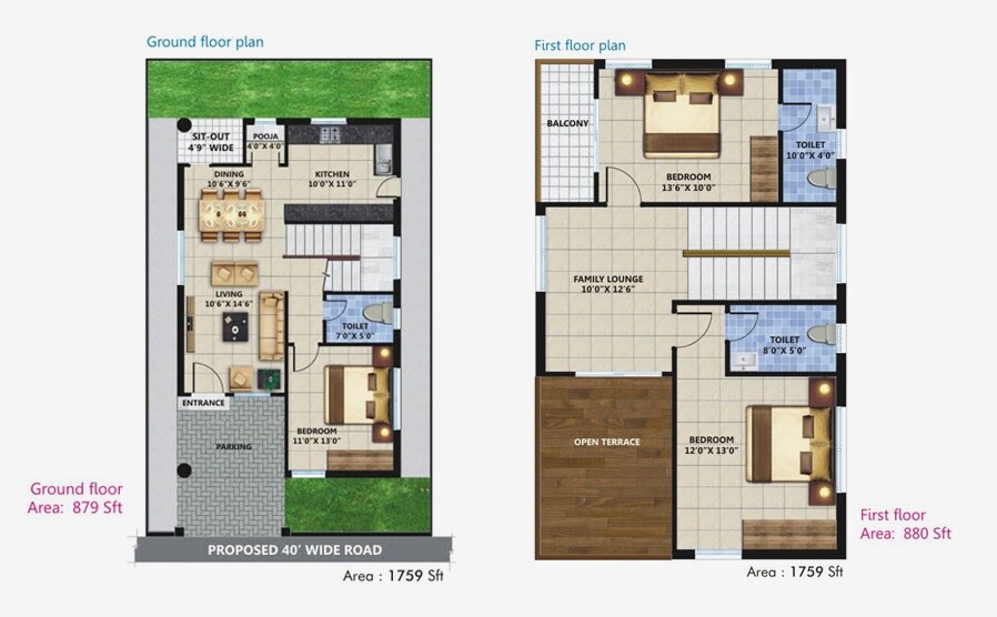 Floor plan of 3 BHK 1759 Sq. Ft. Villa in Sree Anantha Lakshmi Greens, Vijayawada