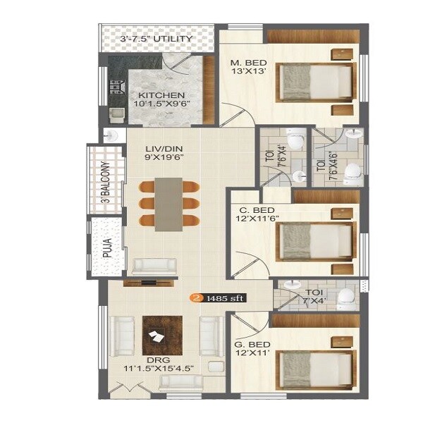 Floor plan of 3 BHK 1485 Sq. Ft. Apartment in Sri Ganadhipa Residency, Vijayawada