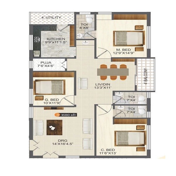 Floor plan of 3 BHK 1680 Sq. Ft. Apartment in Sri Ganadhipa Residency, Vijayawada