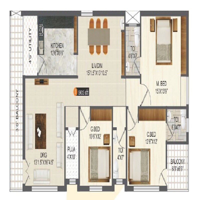 Floor plan of 3 BHK 1905 Sq. Ft. Apartment in Sri Ganadhipa Residency, Vijayawada