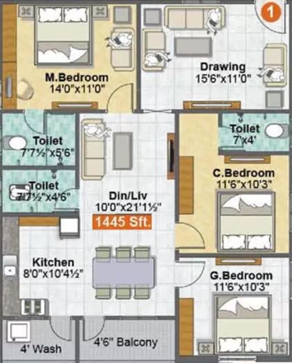 Floor plan of 3 BHK 1445 Sq. Ft. Apartment in Sri Madhurya Aishwarya Grand, Vijayawada