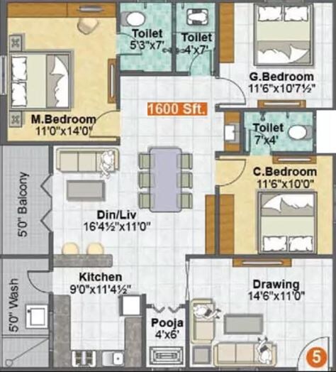 Floor plan of 3 BHK 1600 Sq. Ft. Apartment in Sri Madhurya Aishwarya Grand, Vijayawada