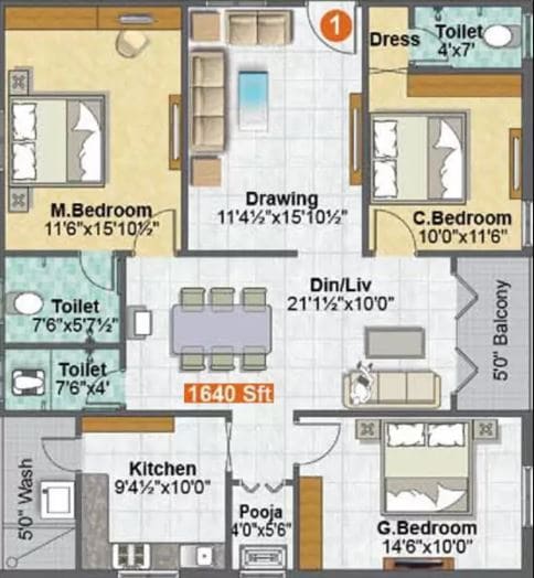 Floor plan of 3 BHK 1640 Sq. Ft. Apartment in Sri Madhurya Aishwarya Grand, Vijayawada