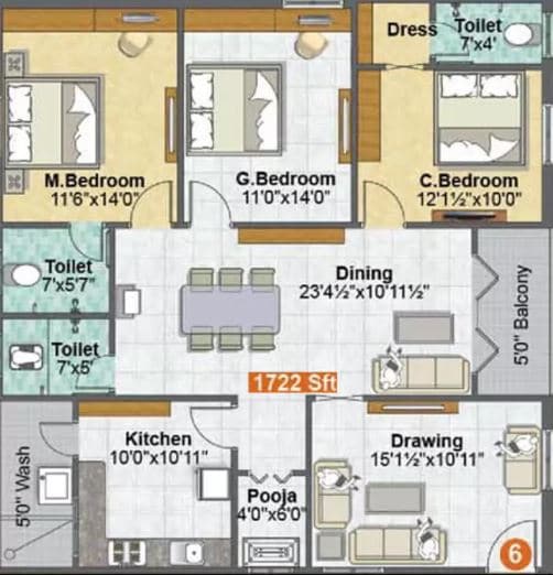 Floor plan of 3 BHK 1722 Sq. Ft. Apartment in Sri Madhurya Aishwarya Grand, Vijayawada