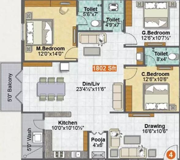 Floor plan of 3 BHK 1802 Sq. Ft. Apartment in Sri Madhurya Aishwarya Grand, Vijayawada