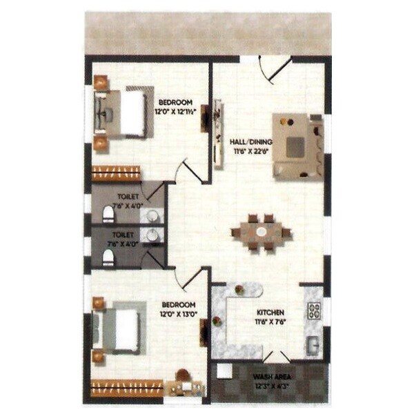 Floor plan of 2 BHK 1179 Sq. Ft. Apartment in Sri Sai Pragathi Heights, Vijayawada