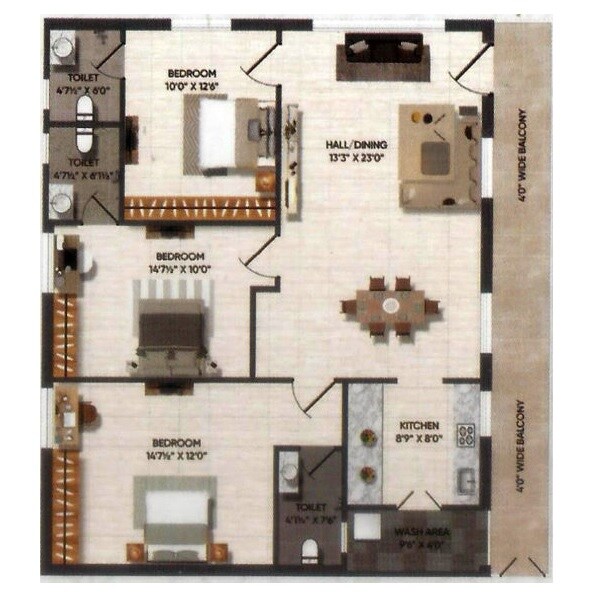 Floor plan of 3 BHK 1612 Sq. Ft. Apartment in Sri Sai Pragathi Heights, Vijayawada