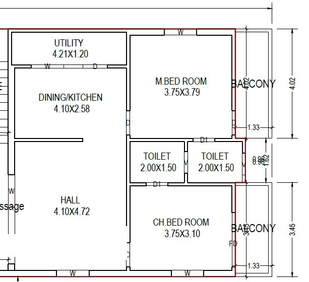 Floor plan of 2 BHK 1289 Sq. Ft. Apartment in Sri Sai Pujitha Plaza, Vijayawada