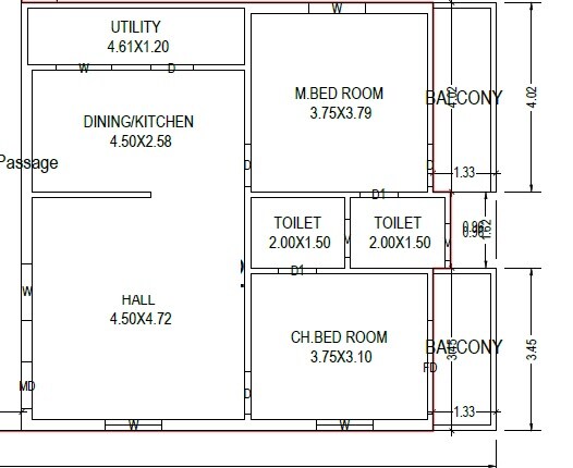 Floor plan of 2 BHK 1354 Sq. Ft. Apartment in Sri Sai Pujitha Plaza, Vijayawada