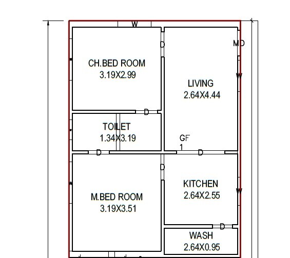 Floor plan of 2 BHK Apartment - 559 sq. ft. in Swamy DR Charan Residency, Vijayawada