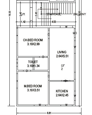Floor plan of 2 BHK Apartment - 697 sq. ft. in Swamy DR Charan Residency, Vijayawada