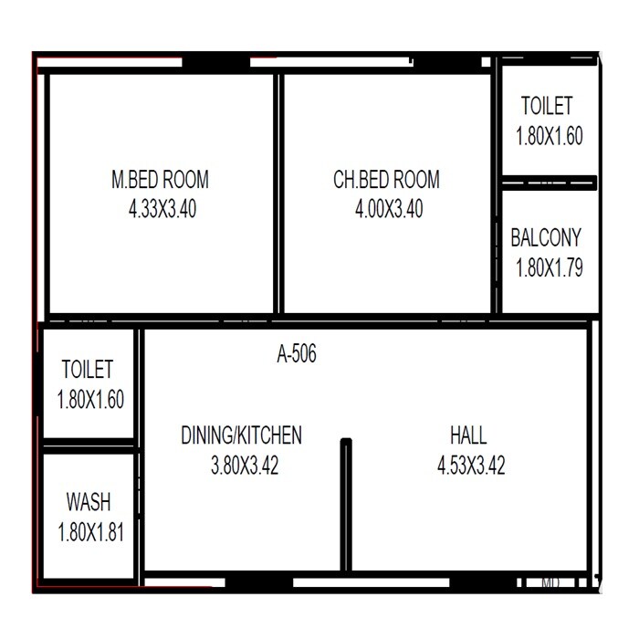 Floor plan of 2 BHK Apartment - 671 sq. ft. in Team City Elite, Vijayawada