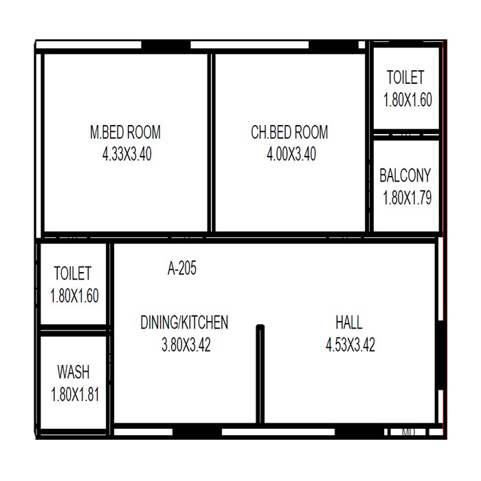 Floor plan of 2 BHK Apartment - 734 sq. ft. in Team City Elite, Vijayawada