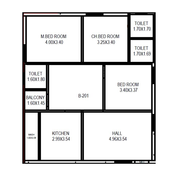 Floor plan of 3 BHK Apartment - 968 sq. ft. in Team City Elite, Vijayawada