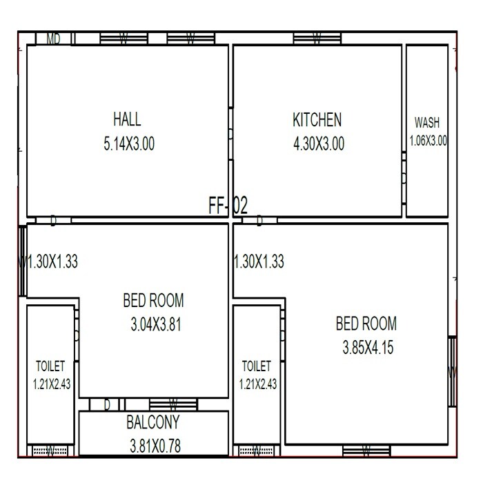 Floor plan of 2 BHK 1786 Sq. Ft. Apartment in Teddy Heights, Vijayawada