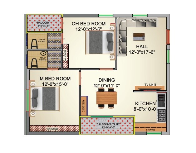 Floor plan of 2 BHK 1200 Sq. Ft. Apartment in TVK Srinidhi, Vijayawada