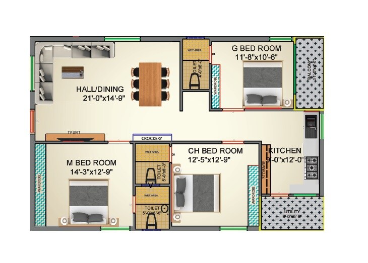 Floor plan of 3 BHK 1500 Sq. Ft. Apartment in TVK Srinidhi, Vijayawada