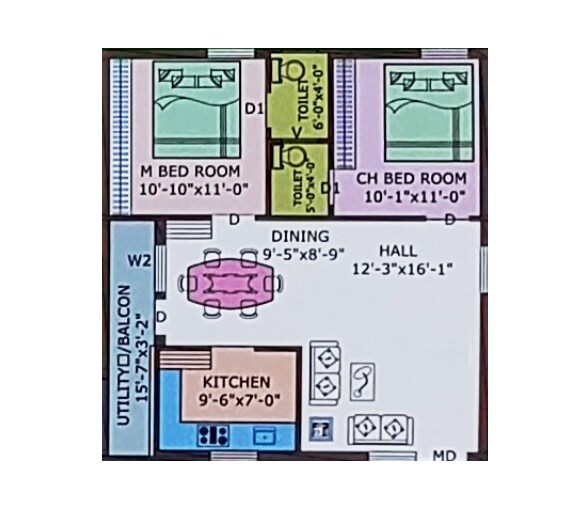 Floor plan of 2 BHK 1140 Sq. Ft. Apartment in V Cube Varsha Elite, Vijayawada