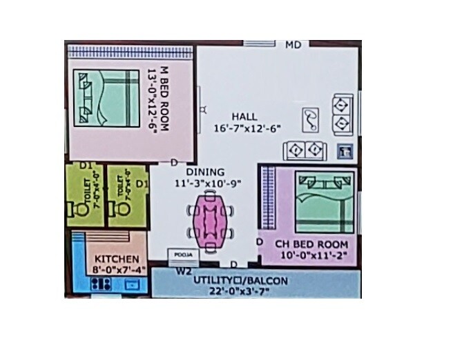 Floor plan of 2 BHK 1303 Sq. Ft. Apartment in V Cube Varsha Elite, Vijayawada