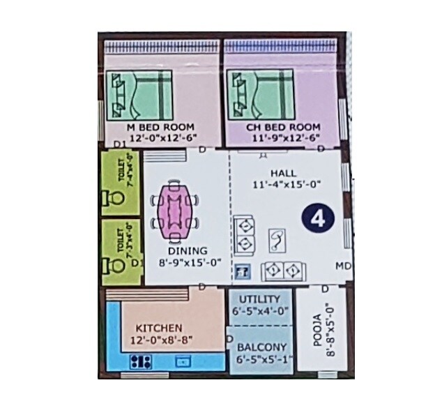 Floor plan of 2 BHK 1396 Sq. Ft. Apartment in V Cube Varsha Elite, Vijayawada