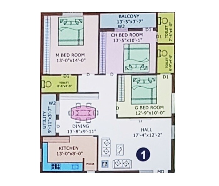 Floor plan of 3 BHK 1725 Sq. Ft. Apartment in V Cube Varsha Elite, Vijayawada