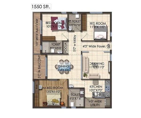 Floor plan of 3 BHK Apartment - 1550 sq. ft. in Vertex Siris Signa, Vijayawada