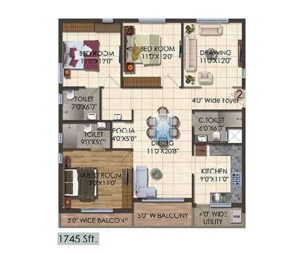 3 BHK 1745 Sq. Ft. Apartment