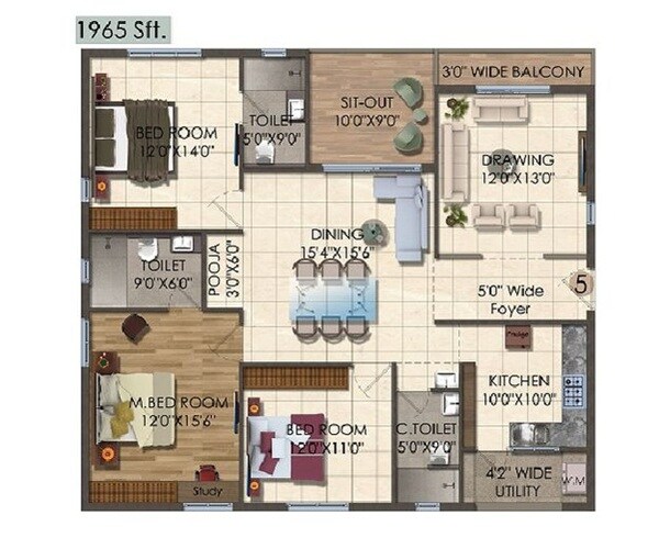 Floor plan of 3 BHK Apartment - 1965 sq. ft. in Vertex Siris Signa, Vijayawada