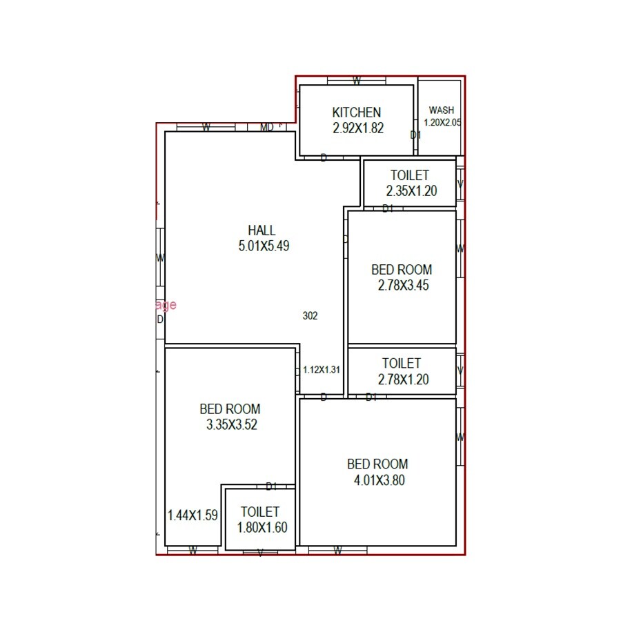 Floor plan of 3 BHK Apartment - 882 sq. ft. in Visista Manasa Sarovar, Vijayawada