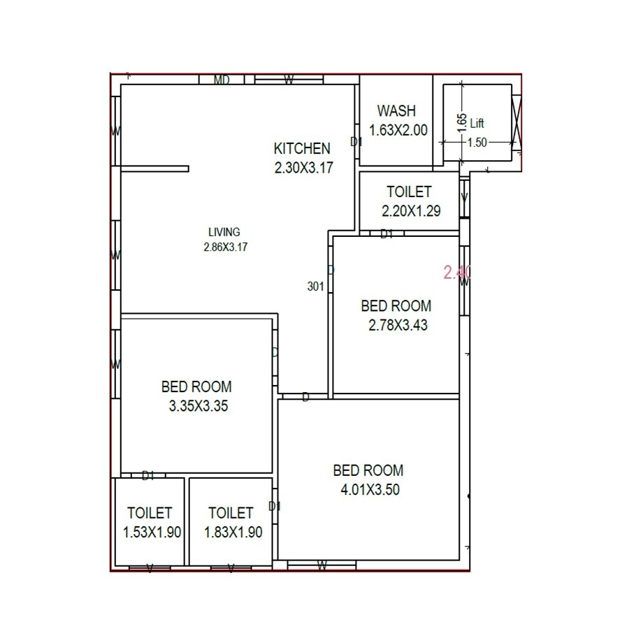 Floor plan of 3 BHK Apartment - 1045 sq. ft. in Visista Manasa Sarovar, Vijayawada