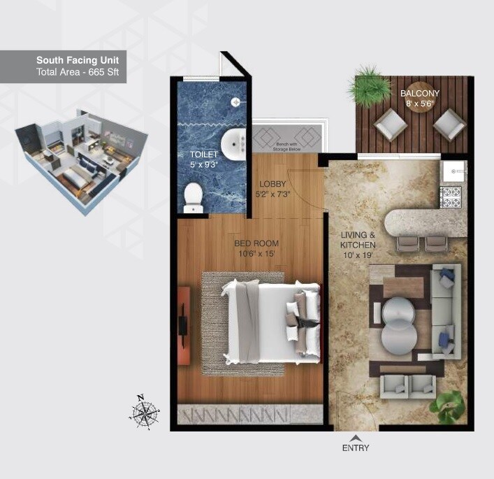 Floor plan of 1 BHK 665 Sq. Ft. Apartment in Abhilash ADYSSA, Vizag