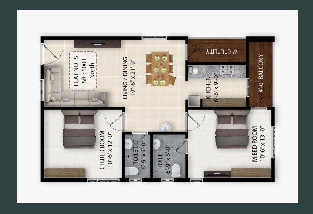 Floor plan of 2 BHK 1000 Sq. Ft. Apartment in Abhilash Yaksha Abodes, Vizag