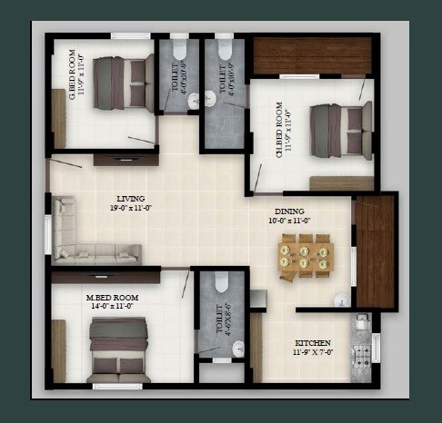 Floor plan of 3 BHK 1130 Sq. Ft. Apartment in Abhilash Yaksha Abodes, Vizag