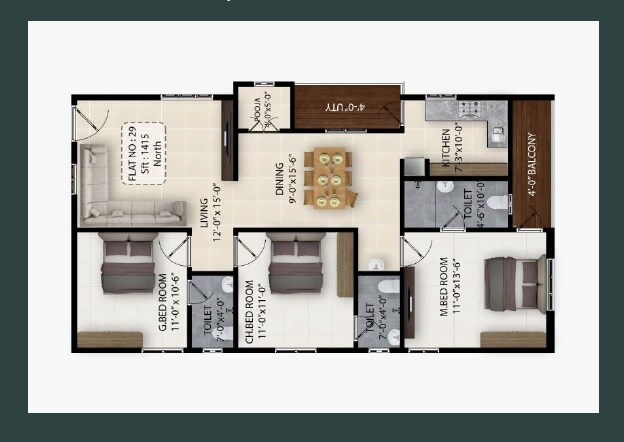 Floor plan of 3 BHK 1415 Sq. Ft. Apartment in Abhilash Yaksha Abodes, Vizag