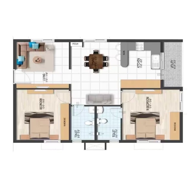 Floor plan of 2 BHK 1100 Sq. Ft. Apartment in Abhilash Yaksha Square, Vizag