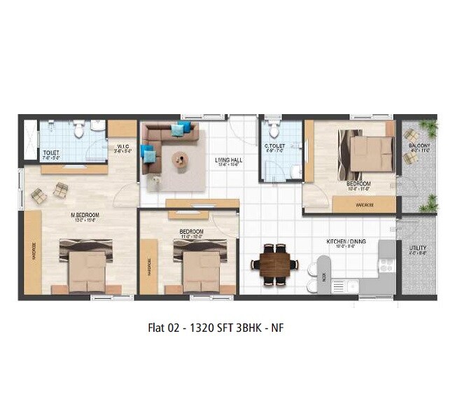 Floor plan of 3 BHK 1320 Sq. Ft. Apartment in Abhilash Yaksha Square, Vizag