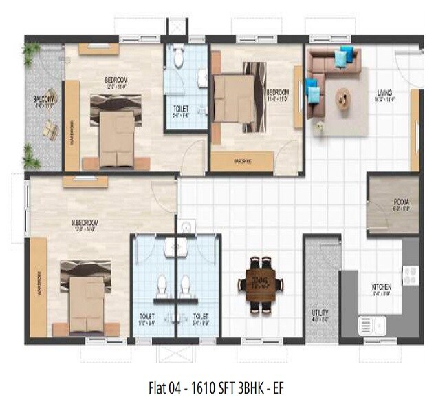 Floor plan of 3 BHK 1610 Sq. Ft. Apartment in Abhilash Yaksha Square, Vizag