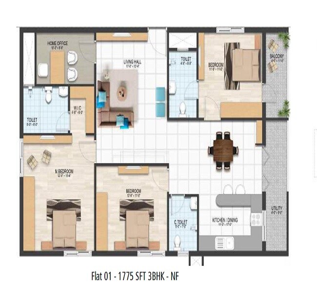 Floor plan of 3 BHK 1775 Sq. Ft. Apartment in Abhilash Yaksha Square, Vizag