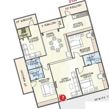 Floor plan of 3 BHK 2130 Sq. Ft. Apartment in Abhiram Nirman Touchstone Towers, Vizag