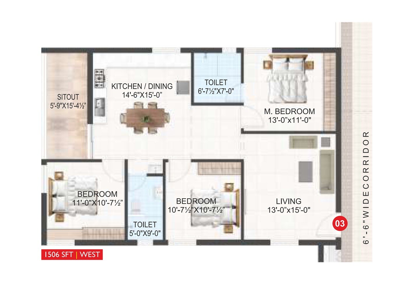 Floor plan of 3 BHK 1506 Sq. Ft. Apartment in Abhiram Sobhan, Vizag