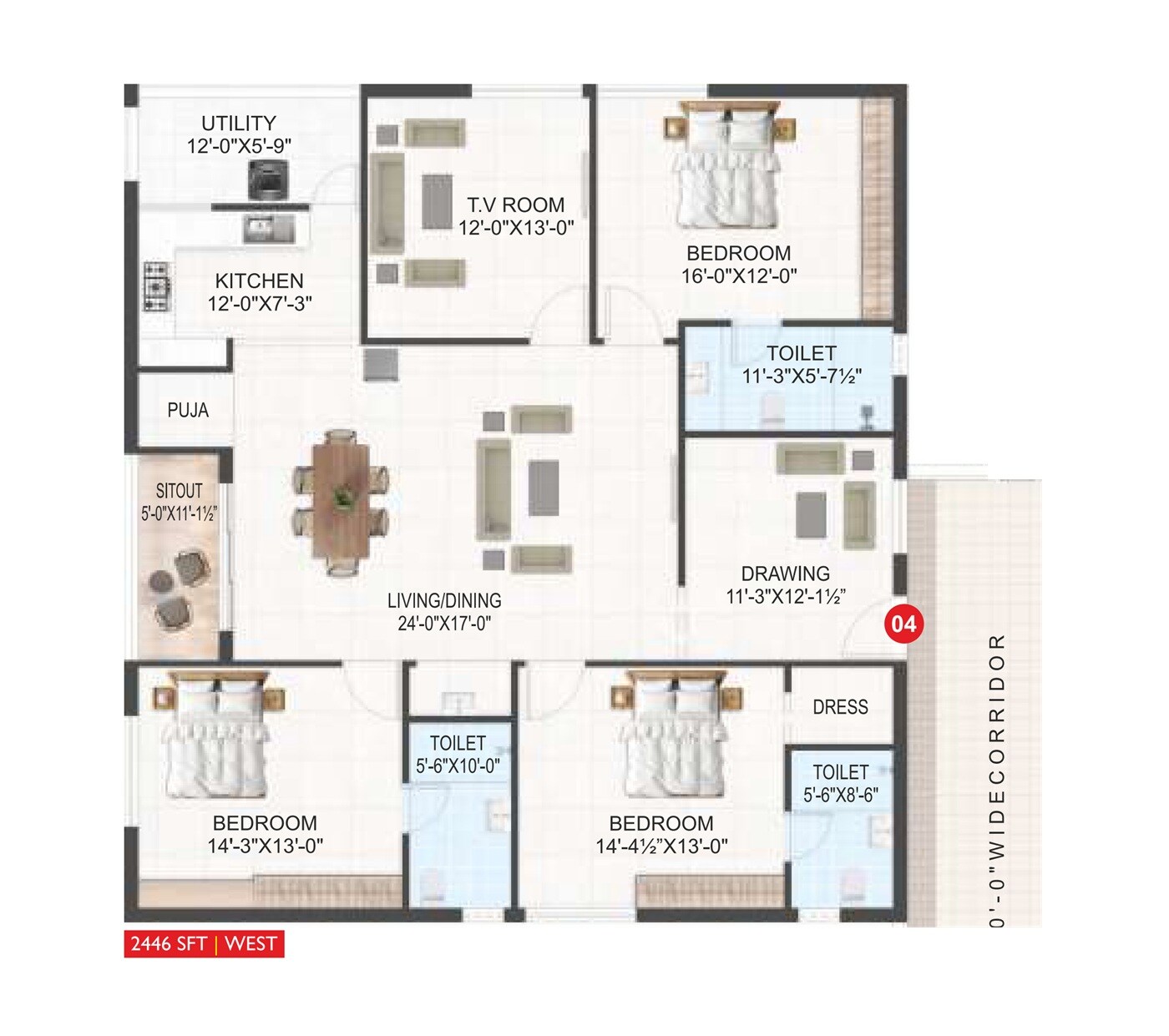 Floor plan of 3 BHK 2446 Sq. Ft. Apartment in Abhiram Sobhan, Vizag
