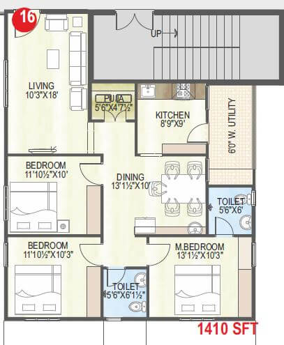 Floor plan of 3 BHK 1410 Sq. Ft. Apartment in Abhiram Nirman Touchstone Towers, Vizag
