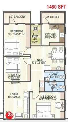 Floor plan of 3 BHK 1460 Sq. Ft. Apartment in Abhiram Nirman Touchstone Towers, Vizag