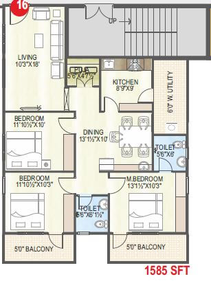 Floor plan of 3 BHK 1585 Sq. Ft. Apartment in Abhiram Nirman Touchstone Towers, Vizag