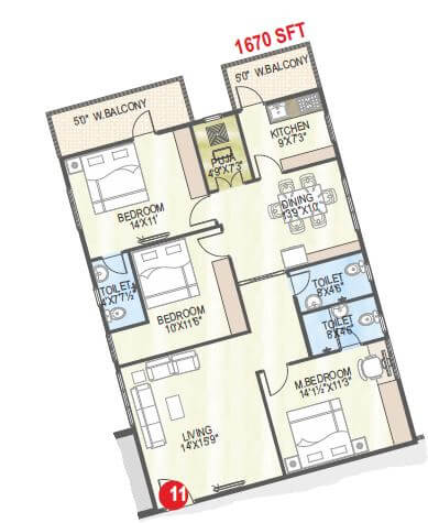 Floor plan of 3 BHK 1670 Sq. Ft. Apartment in Abhiram Nirman Touchstone Towers, Vizag