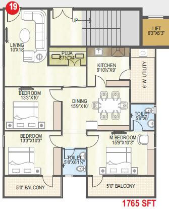 Floor plan of 3 BHK 1765 Sq. Ft. Apartment in Abhiram Nirman Touchstone Towers, Vizag