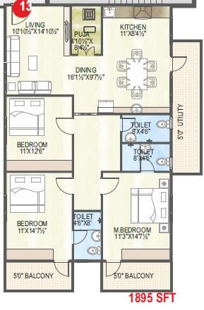 Floor plan of 3 BHK 1895 Sq. Ft. Apartment in Abhiram Nirman Touchstone Towers, Vizag