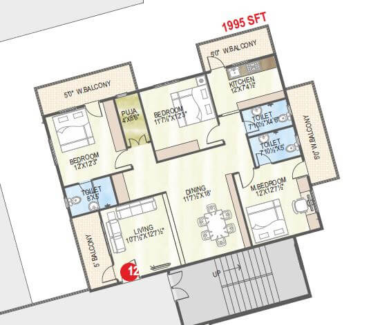 Floor plan of 3 BHK 1995 Sq. Ft. Apartment in Abhiram Nirman Touchstone Towers, Vizag