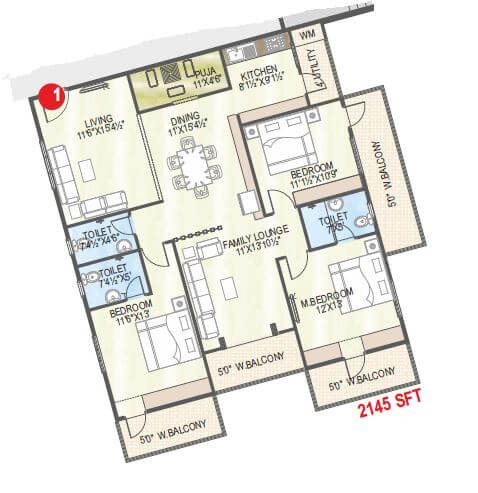 Floor plan of 3 BHK 2145 Sq. Ft. Apartment in Abhiram Nirman Touchstone Towers, Vizag
